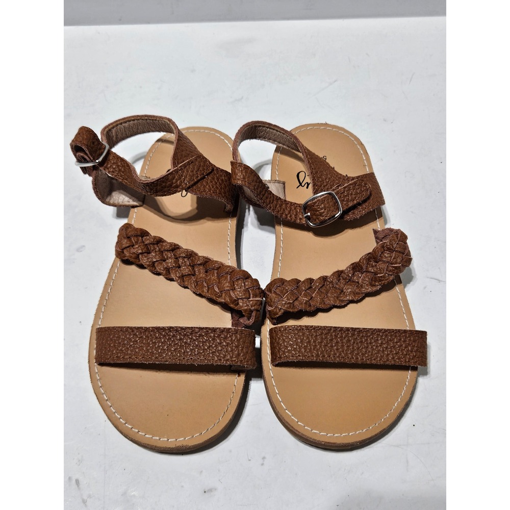 Monkey Feet Girls Brown Braided Leather T Strap Sandals Size 5 6Y